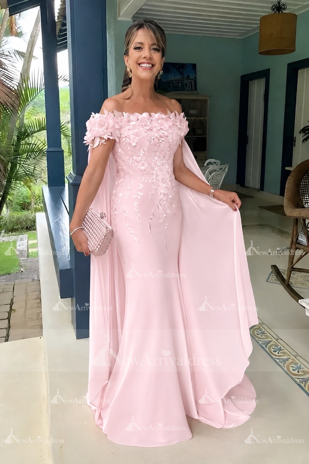 Off-the-Shoulder Pink Chiffon Flowers Long Mother of the Bride Dress with Cape