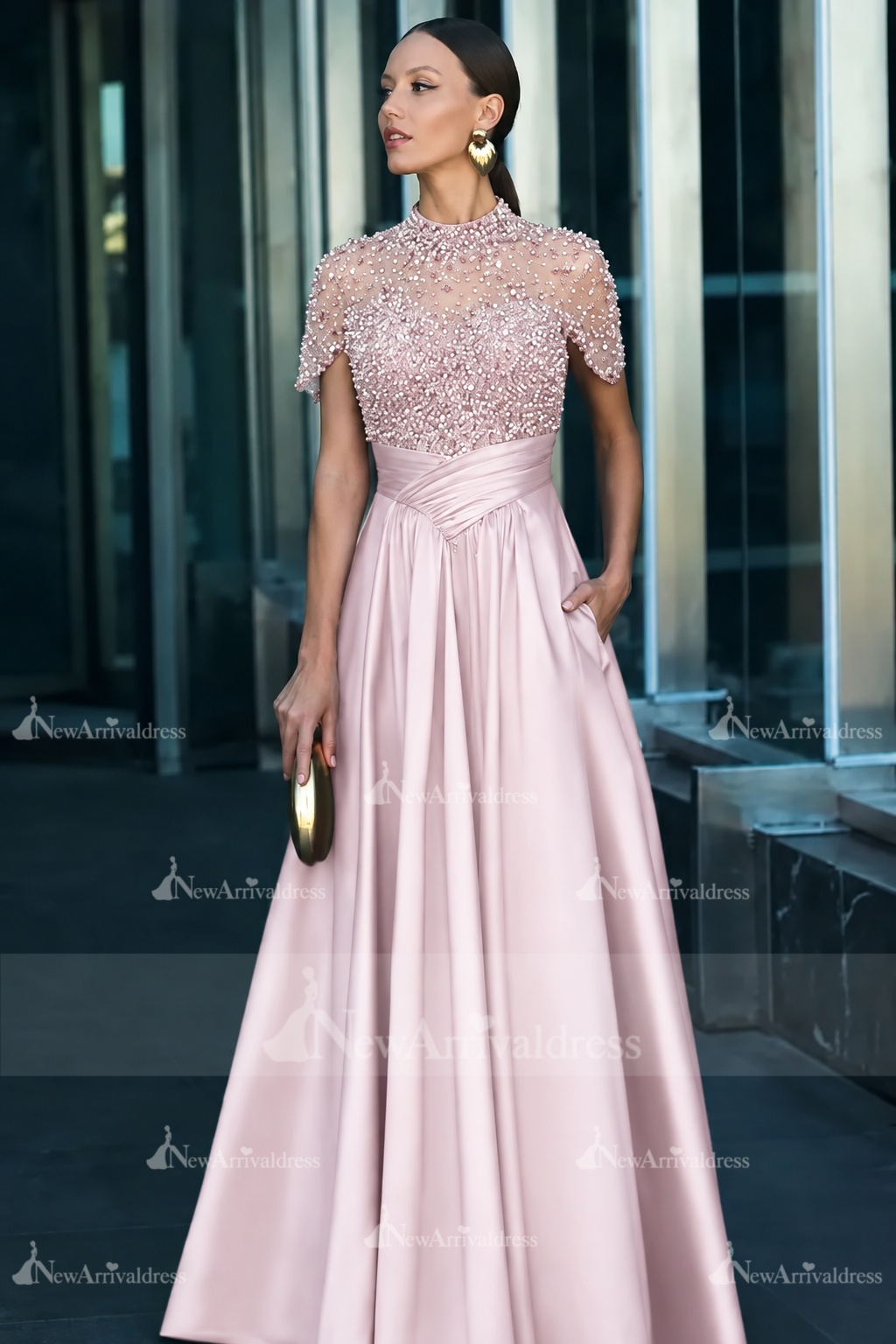 dark green and pink dress Short Sleeves Satin A-line Evening with Beadings-newarrivaldress Bicolor