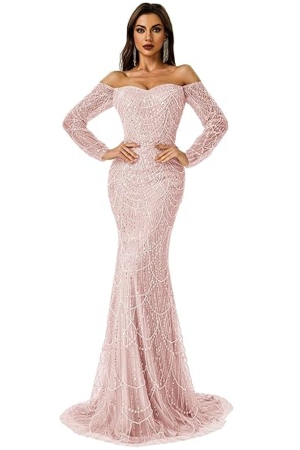 Charming Off-the-Shoulder Long Sleeves Mermaid Prom Dress with Beadings