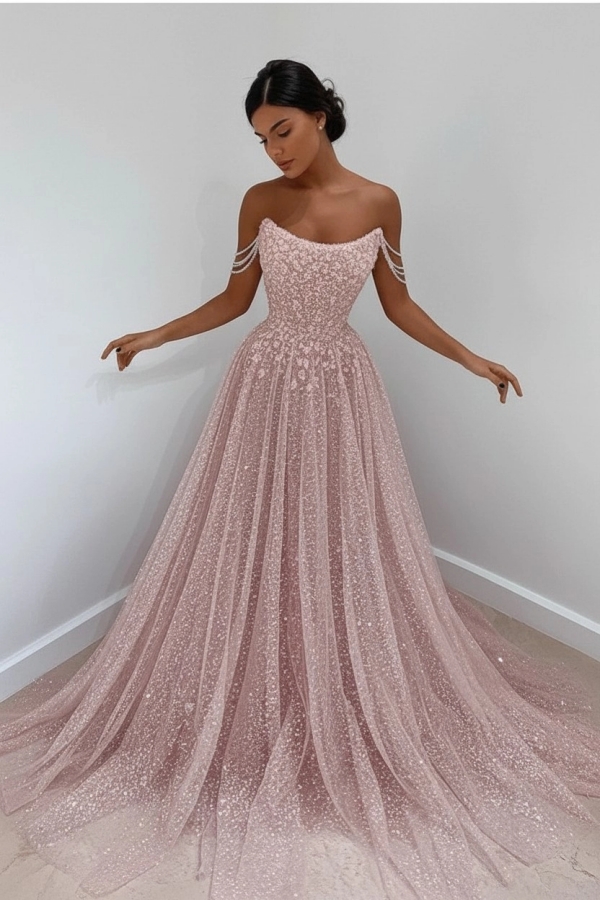 Beautiful Long A-line Sweetheart Sequined Prom Dress Off Shoulder Sky Blue Long Evening Dress