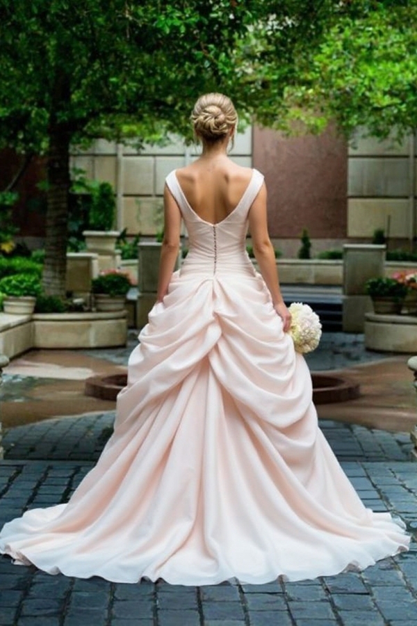 Elegant V-Neck Pink Sleeveless Ruffles Ball Gown Wedding Dresses