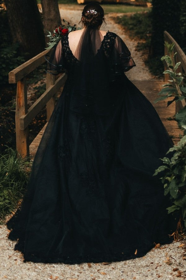 Black V-Neck A-Line Tulle Plus Size Wedding Dresses
