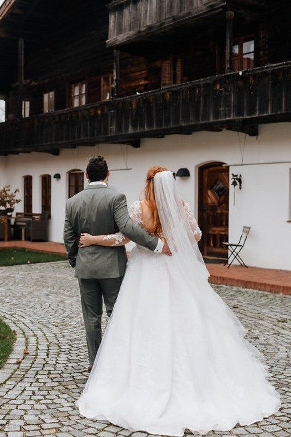 V-neck A-Line Long Sleeves Plus Size Wedding Dresses