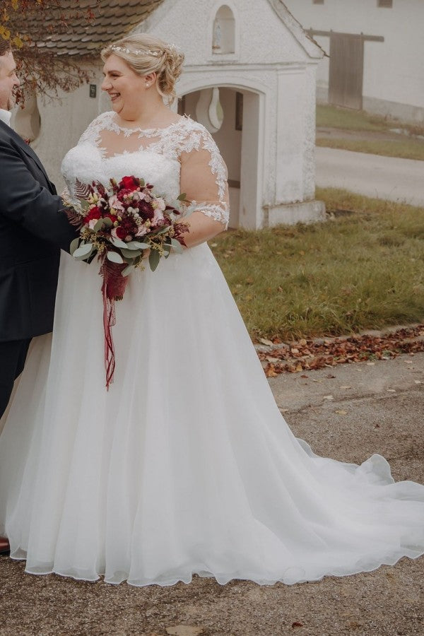 A-Line Half Sleeves Applique Plus Size Wedding Dresses