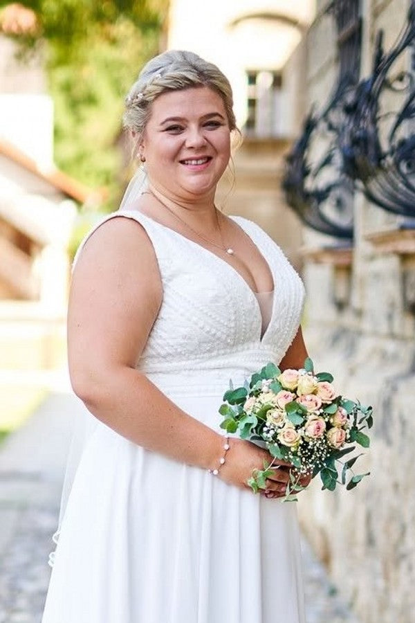 White V-Neck Plus Size A-Line Wedding Dresses