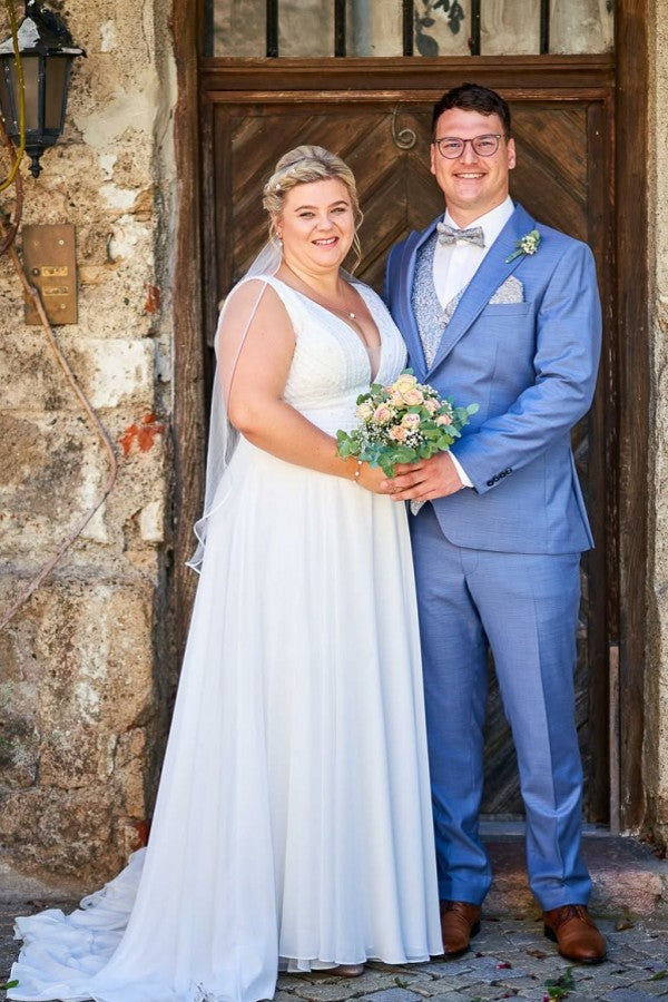 White V-Neck Plus Size A-Line Wedding Dresses