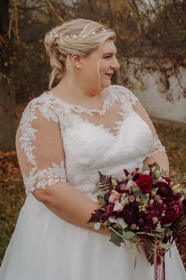 A-Line Half Sleeves Applique Plus Size Wedding Dresses