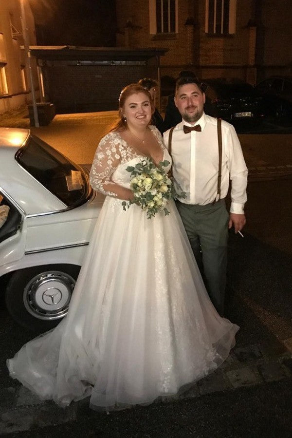 V-neck A-Line Long Sleeves Plus Size Wedding Dresses