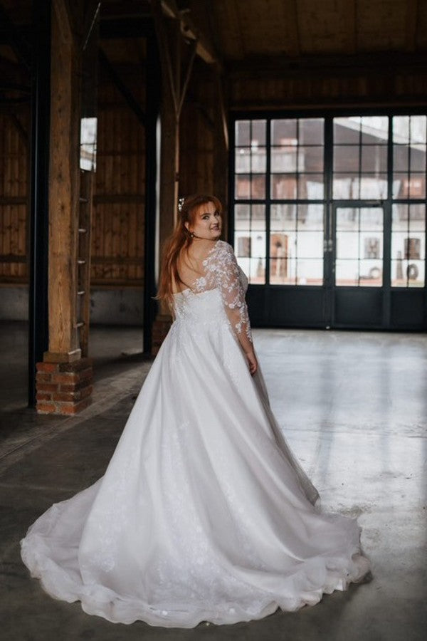 V-neck A-Line Long Sleeves Plus Size Wedding Dresses