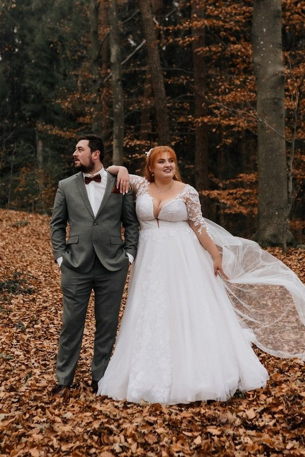 V-neck A-Line Long Sleeves Plus Size Wedding Dresses