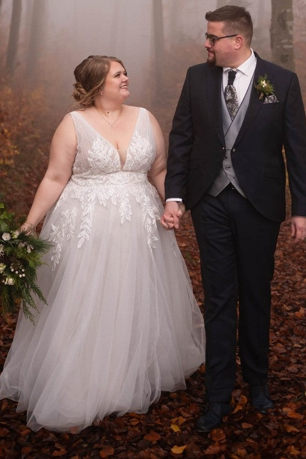 V-Neck A-Line Tulle Plus Size Wedding Dresses