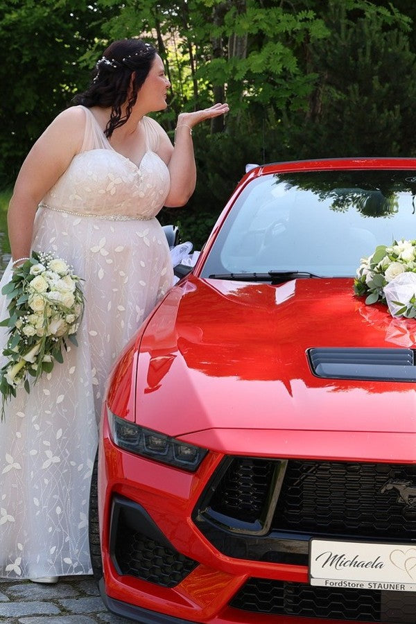 A-Line Tulle Plus Size Wedding Dresses with Applique