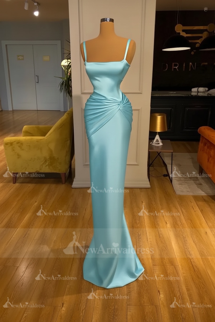 Chic Sky Blue Square Neck Slim Evening Party Wear Dress Sleeveless Satin Prom Dress
