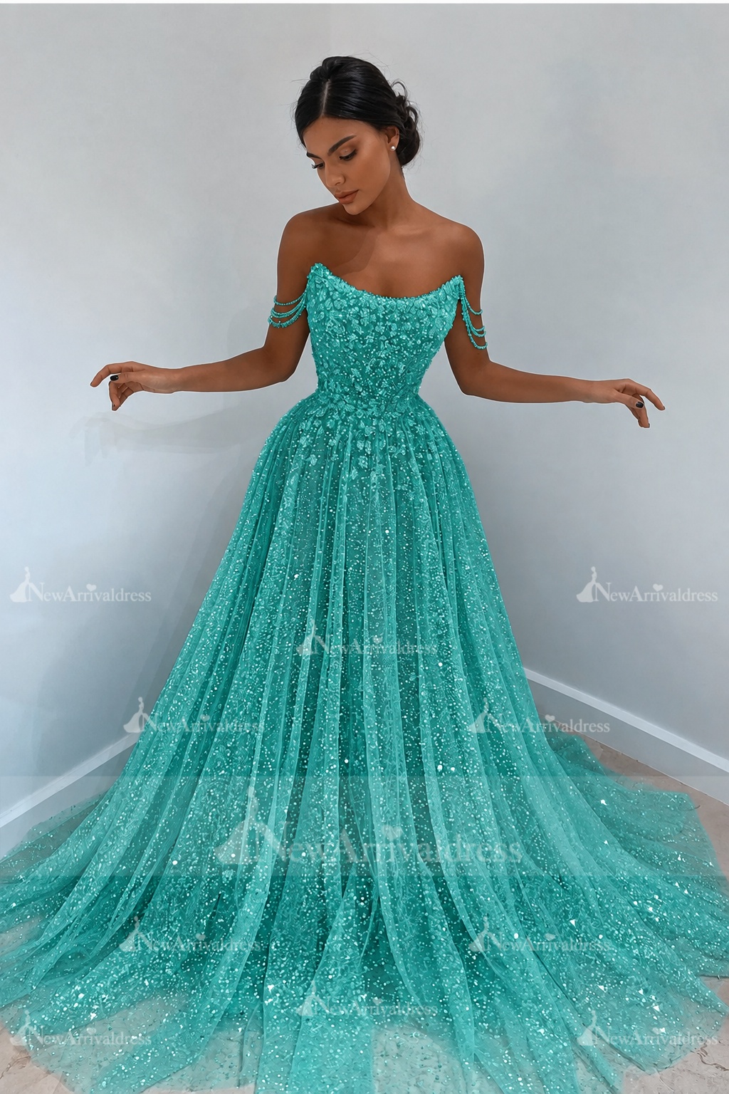Beautiful Long A-line Sweetheart Sequined Prom Dress Off Shoulder Sky Blue Long Evening Dress