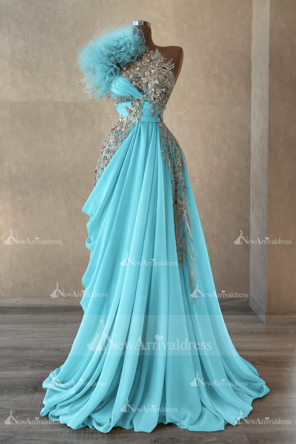 Stunning One Shoulder Flowers Ruched Satin Evening Dress Appliques Aline Party Dress