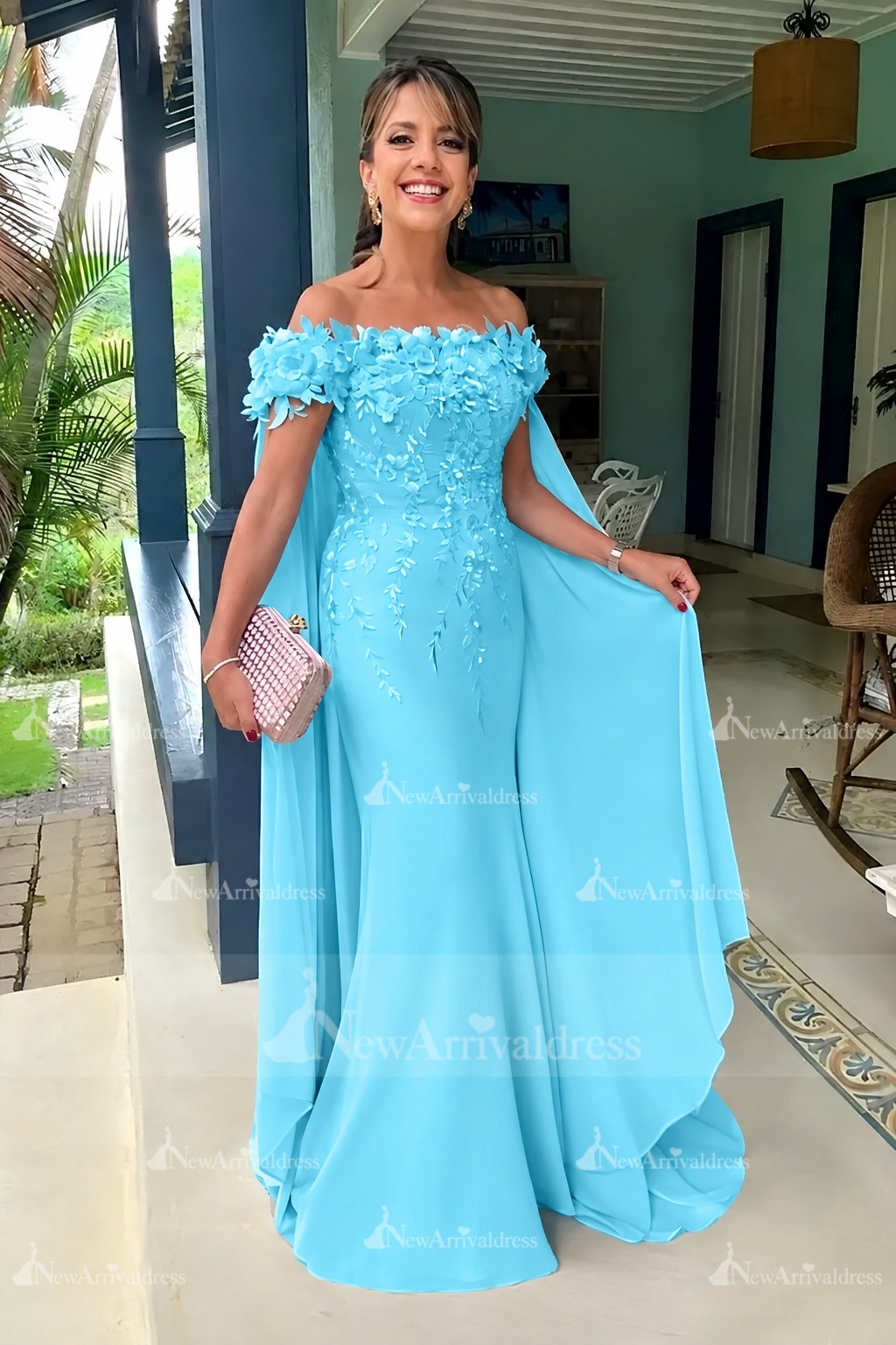 Off-the-Shoulder Pink Chiffon Flowers Long Mother of the Bride Dress with Cape
