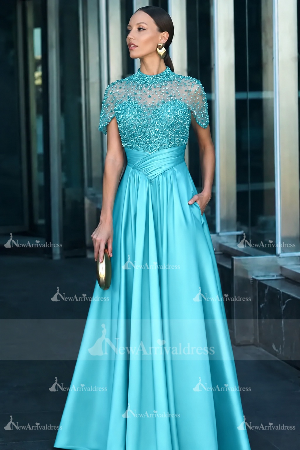 Dark Green Short Sleeves  Satin A-line Evening Dress with Beadings