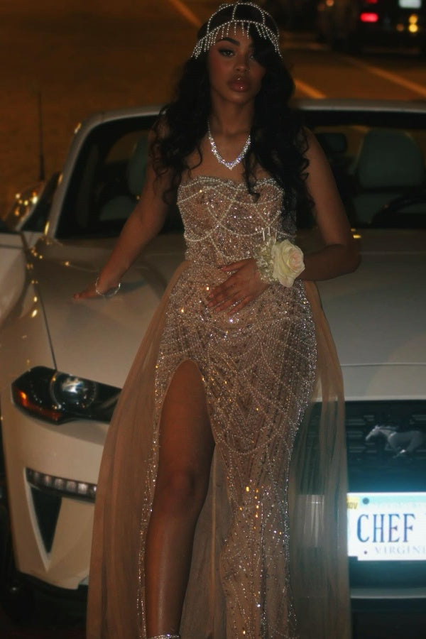 Luxury Strapless Beadings Side Split Evening Dress with Pearls