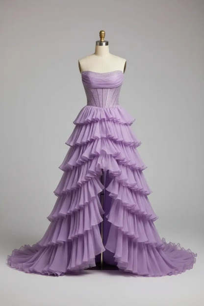Purple Strapless Chiffon Ruffles Long A-Line Prom Dress