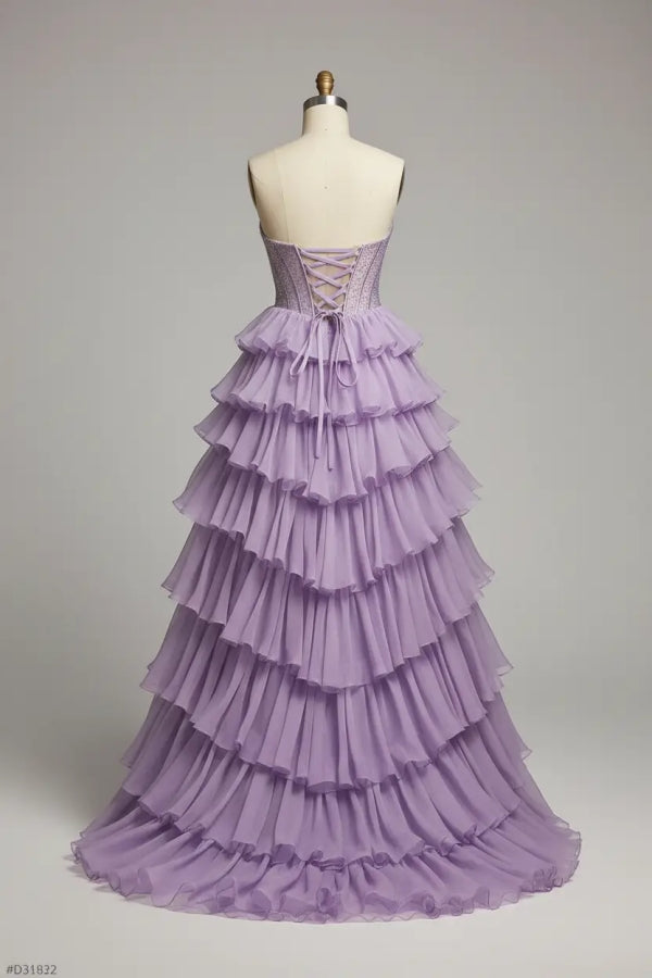 Purple Strapless Chiffon Ruffles Long A-Line Prom Dress