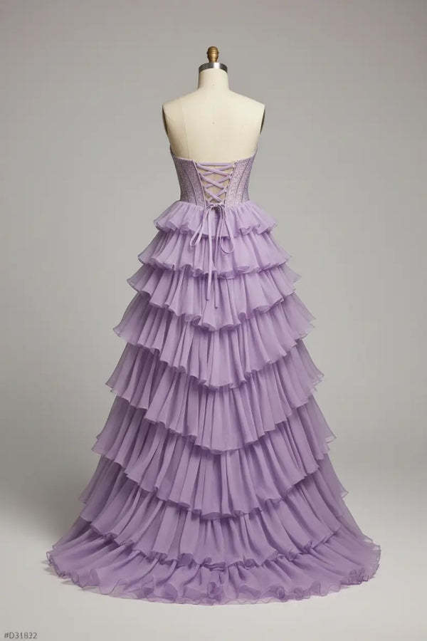 Purple Strapless Chiffon Ruffles Long A-Line Prom Dress