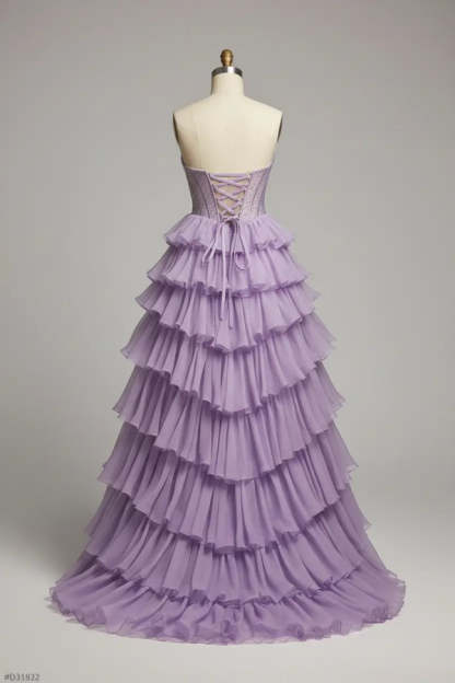 Purple Strapless Chiffon Ruffles Long A-Line Prom Dress