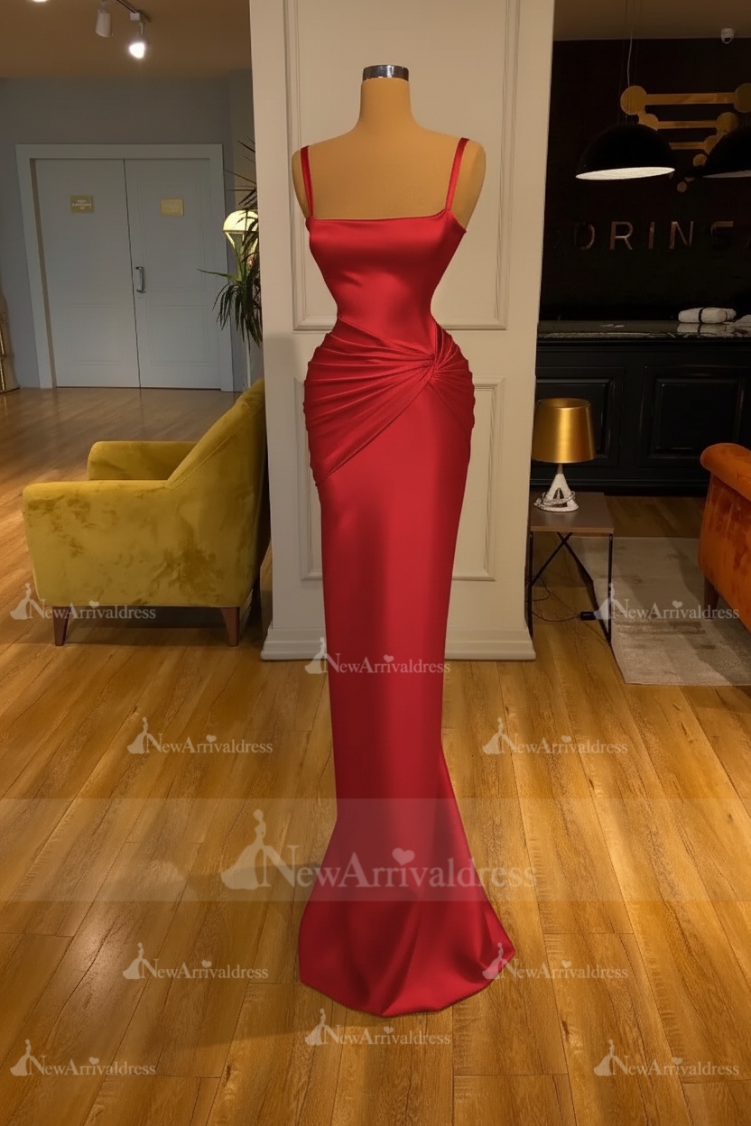 Chic Sky Blue Square Neck Slim Evening Party Wear Dress Sleeveless Satin Prom Dress