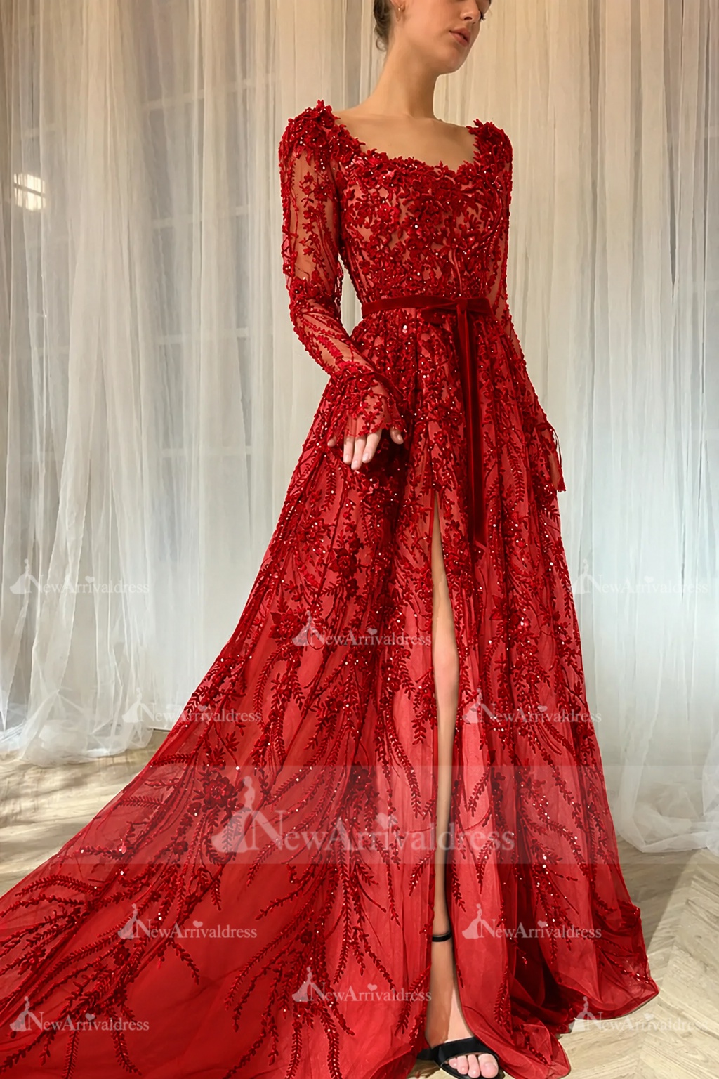 Elegant Black Sequins Aline Evening Dress with Sleeves