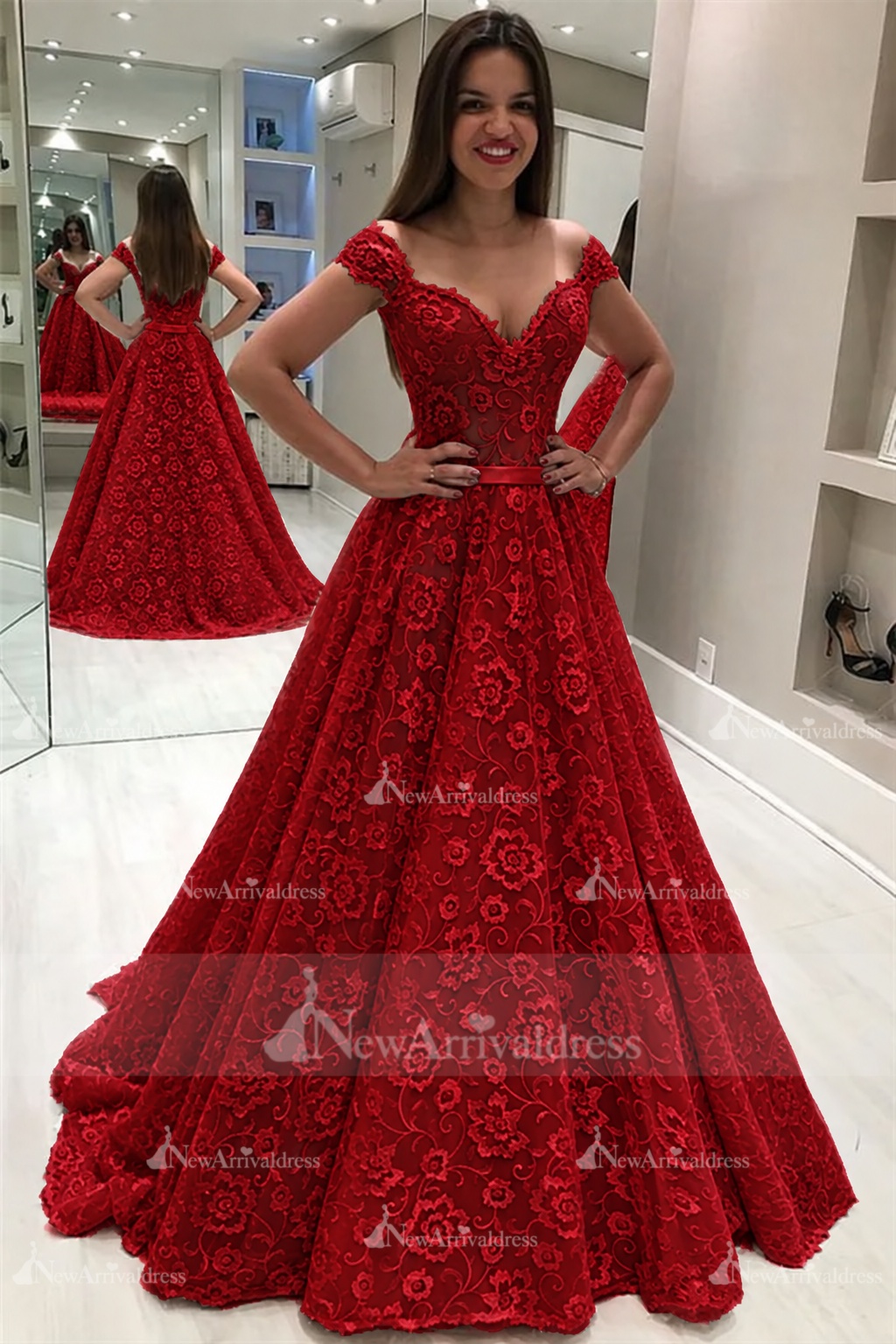 Gorgeous Lace Off The Shoulder Wedding Dresses | Ruffles Pearls Sleeveless Flowers Bridal Gowns