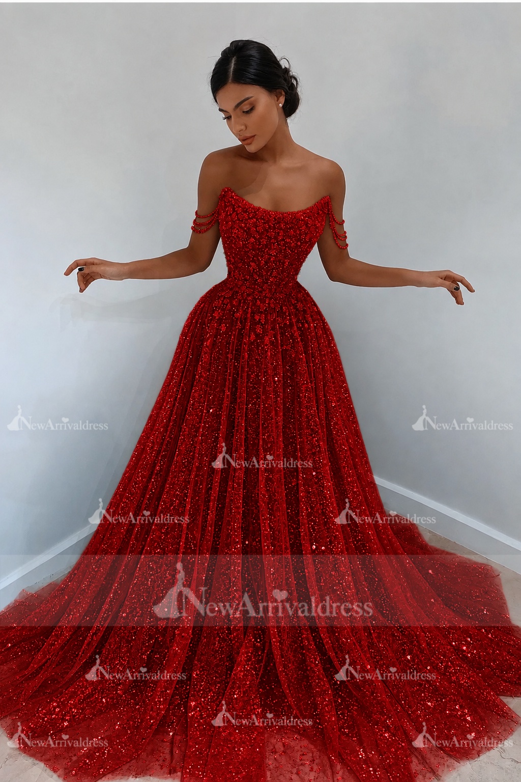 Beautiful Long A-line Sweetheart Sequined Prom Dress Off Shoulder Sky Blue Long Evening Dress