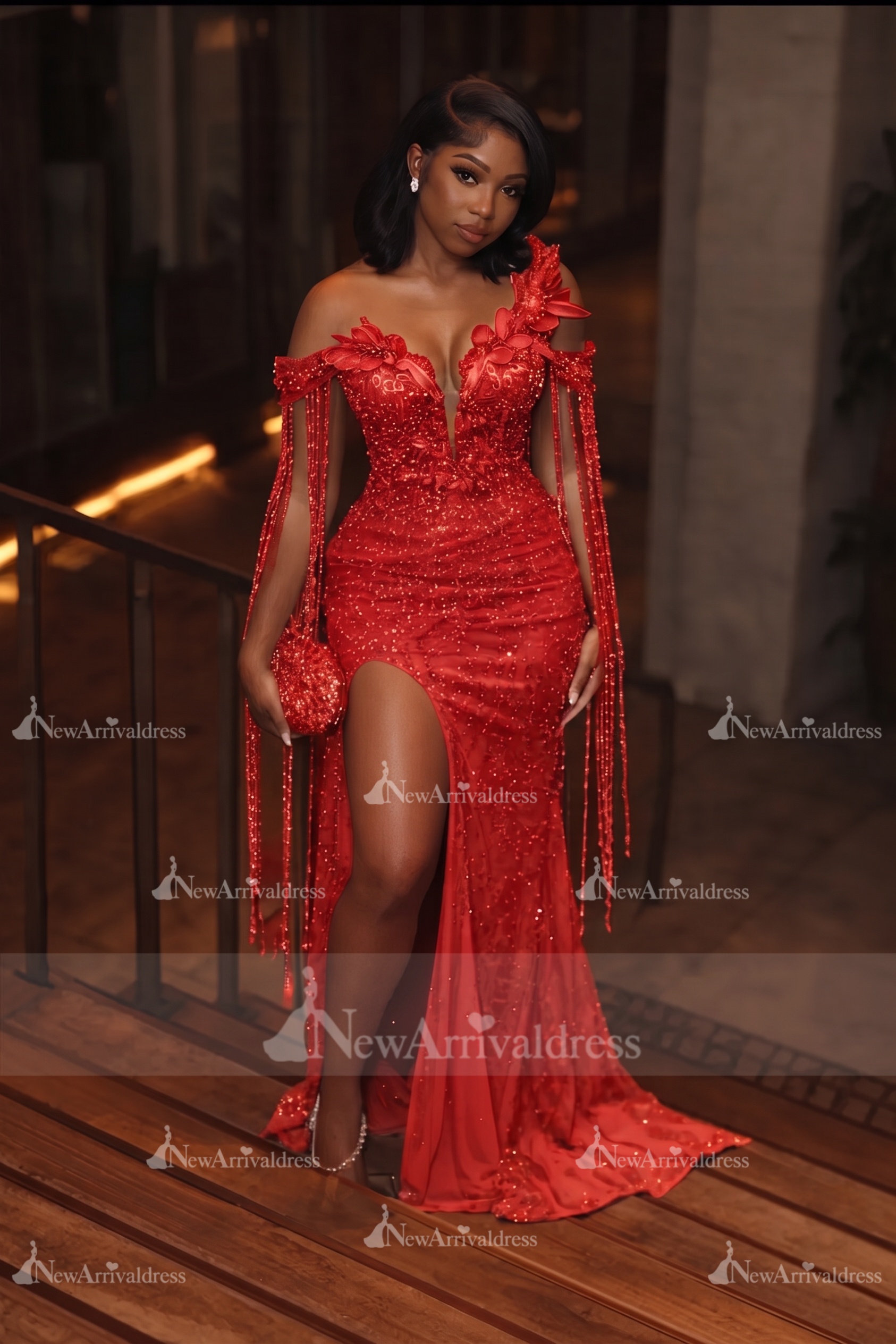 Asymmetric  Sequins Prom Dress Sleeveless Mermaid Gold Evening Gown with Tassels