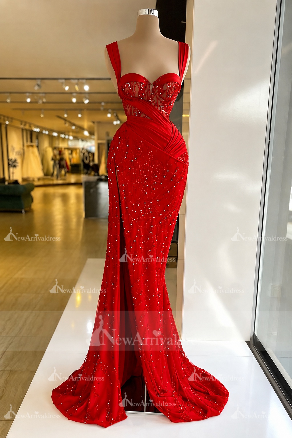 Charming Red Sweetheart Mermaid Prom Dress Beadings Strap Party Dress