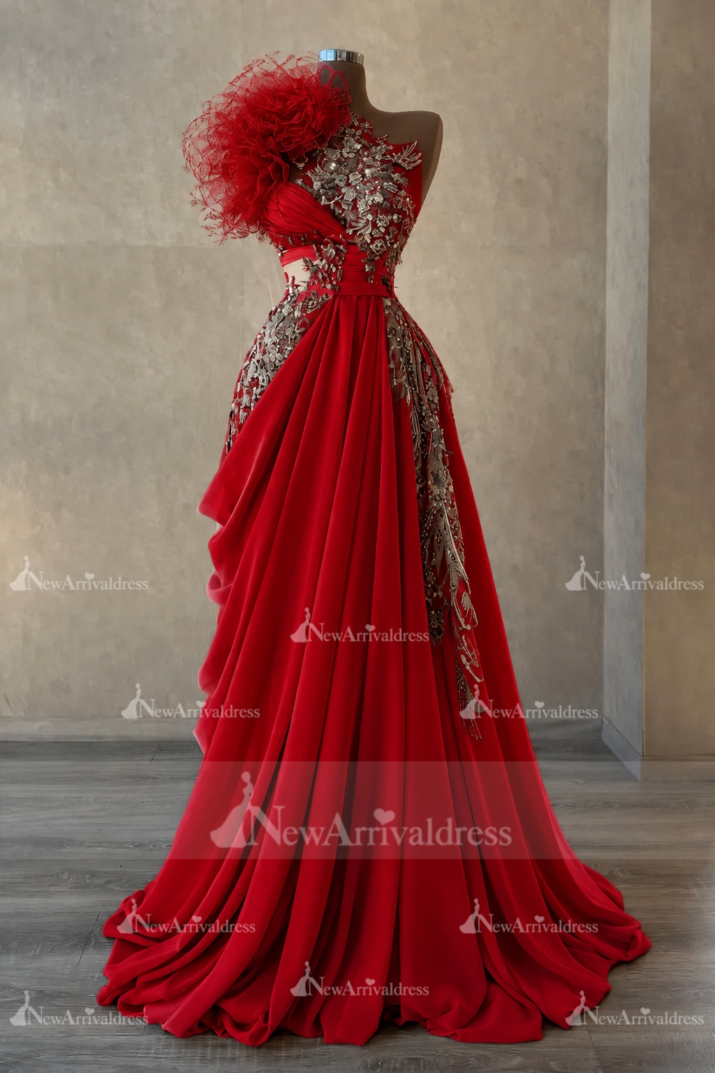 Stunning One Shoulder Flowers Ruched Satin Evening Dress Appliques Aline Party Dress