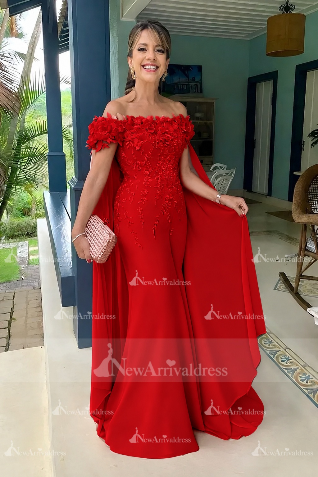 Off-the-Shoulder Pink Chiffon Flowers Long Mother of the Bride Dress with Cape