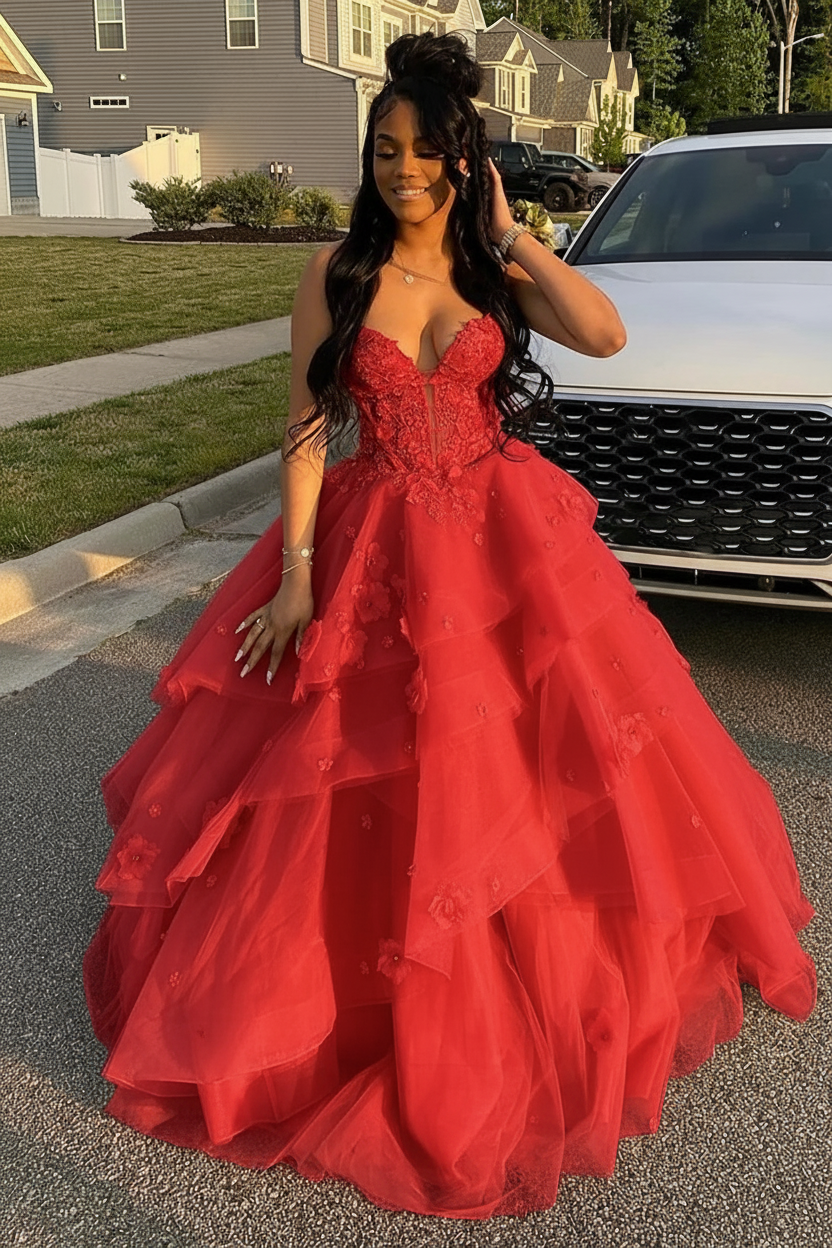 Red Spaghetti Straps Tulle Aline Prom Dress Floral Tiered Ruffles Corset Formal Dress