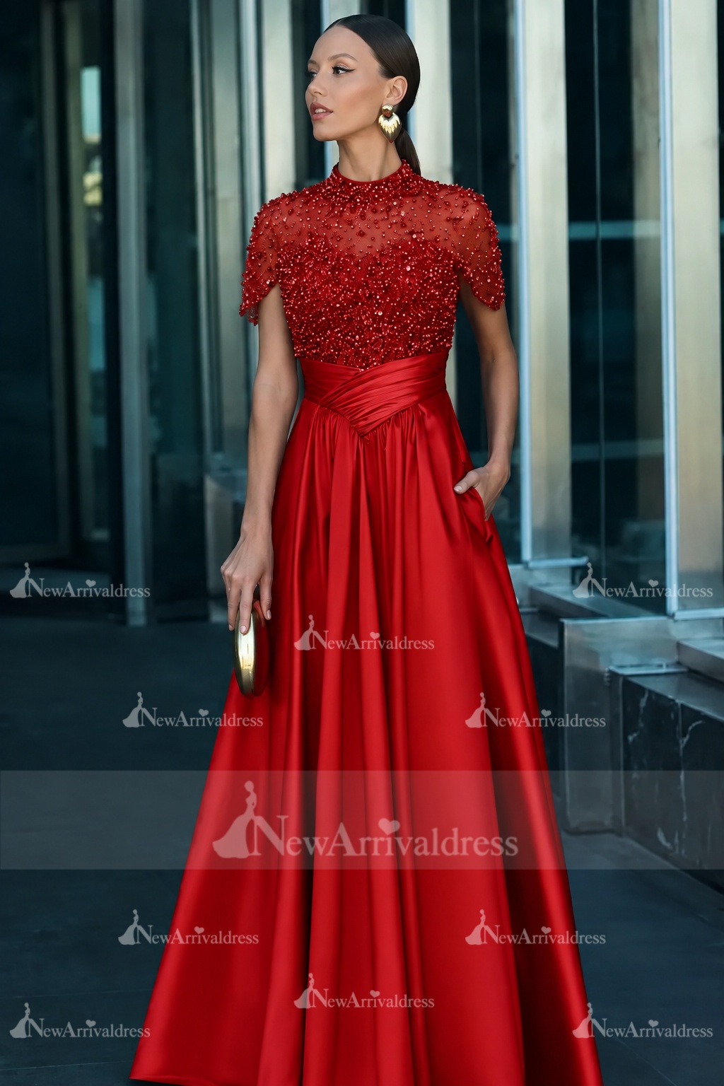 Dark Green Short Sleeves  Satin A-line Evening Dress with Beadings