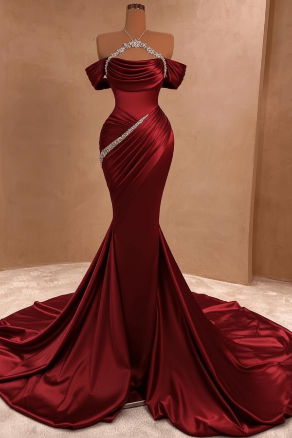 Charming Off-the-Shoulder Ruched Satin Long Prom Dress Glitter Sequins Sheath Evening Gown