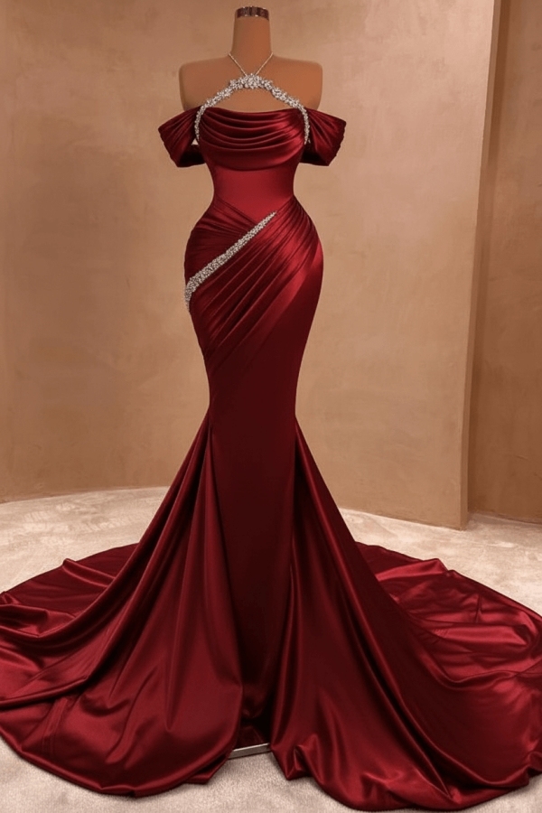 Charming Off-the-Shoulder Ruched Satin Long Prom Dress Glitter Sequins Sheath Evening Gown