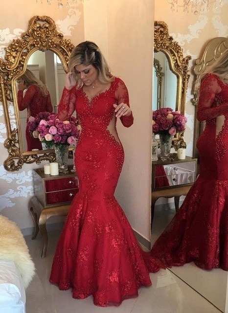 Luxury Sexy Mermaid Lace Evening Dresses | V-Neck Long Sleeves See Through Prom Dresses