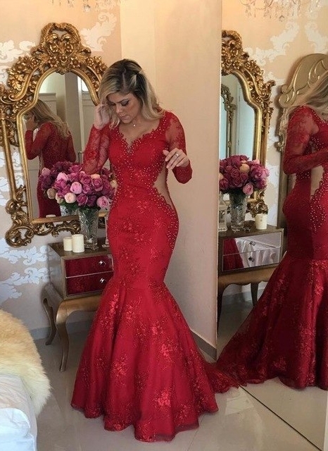 Luxury Sexy Mermaid Lace Evening Dresses | V-Neck Long Sleeves See Through Prom Dresses