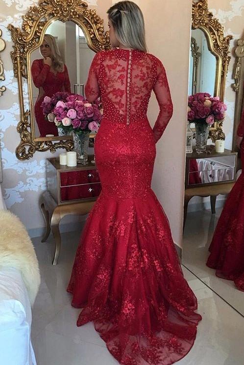 Luxury Sexy Mermaid Lace Evening Dresses | V-Neck Long Sleeves See Through Prom Dresses