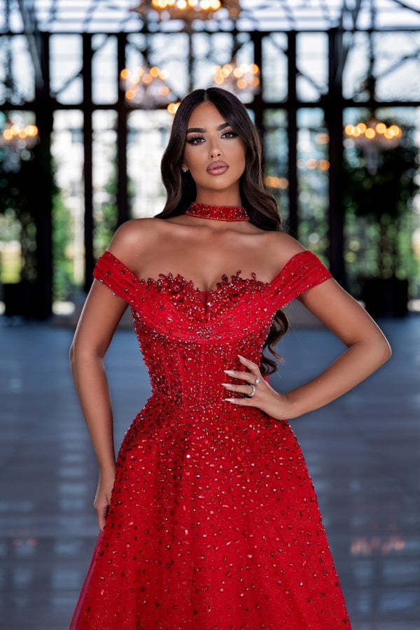 Off-the-Shoulder Sweetheart Crystals A-Line Evening Dresses