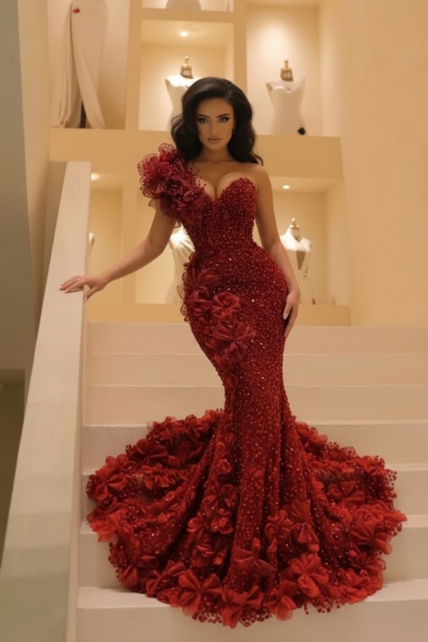 Charming One Shoulder Sequins Mermaid Prom Dress Beadings Evening Gown with Appliques