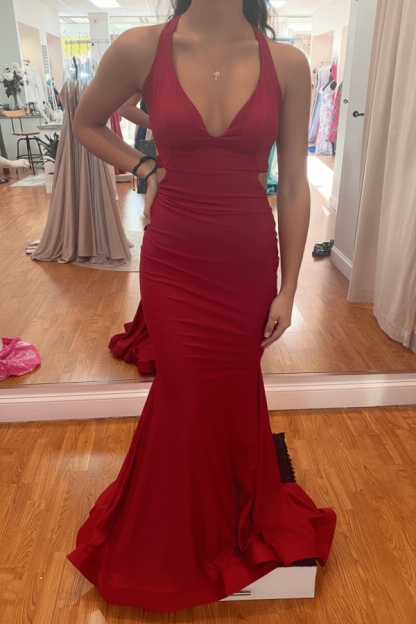 Modest Mermaid Halter V-neck Satin Open Back Prom Dress