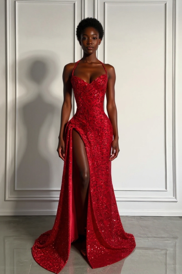 Red Sequins Prom Dress with Slit Shiny Floor-Length Party Dress