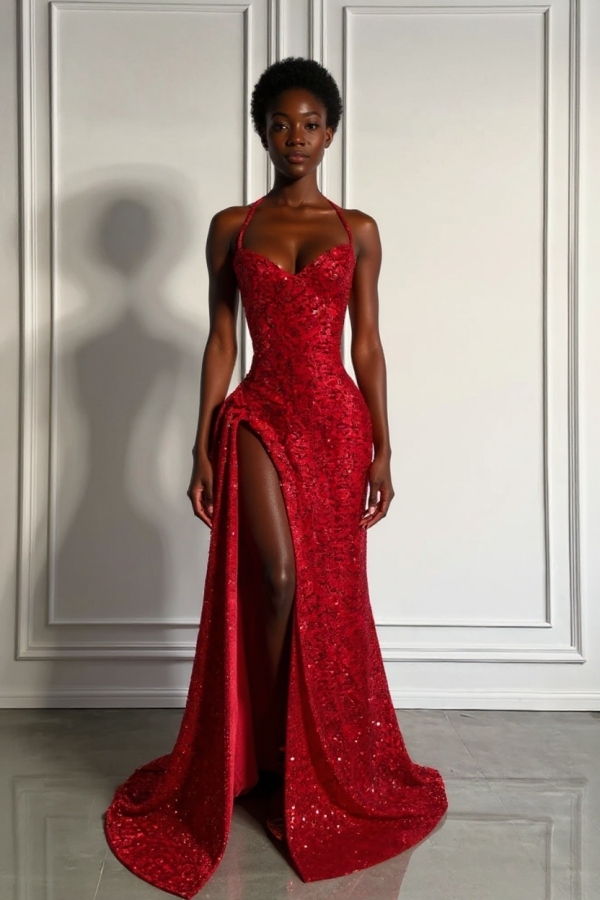 Red Sequins Prom Dress with Slit Shiny Floor-Length Party Dress