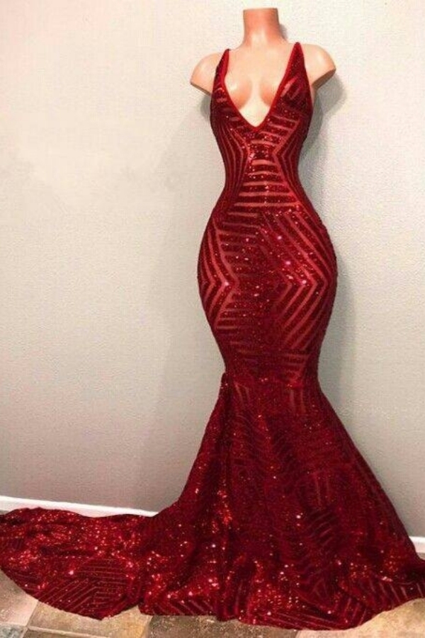 Red Shiny V-Neck Sequins Mermaid Long Prom Dresses | Mermaid Prom Dresses