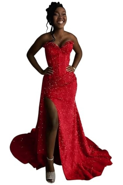 Sexy Orange Mermaid Prom Dress with Sequins High Split Strapless Long Party Dress