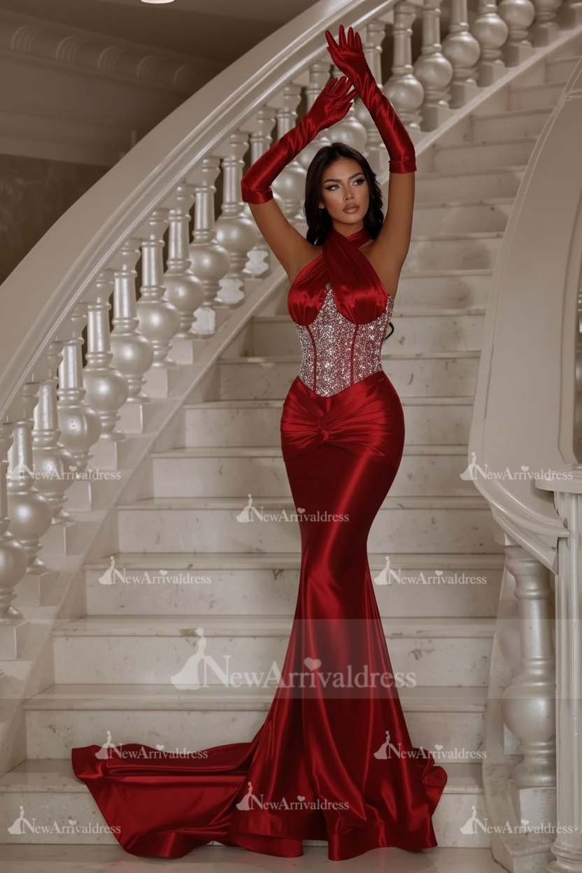 Halter Shiny Ruched Satin Mermaid Prom Dress Crystals Floor Length Evening Dress