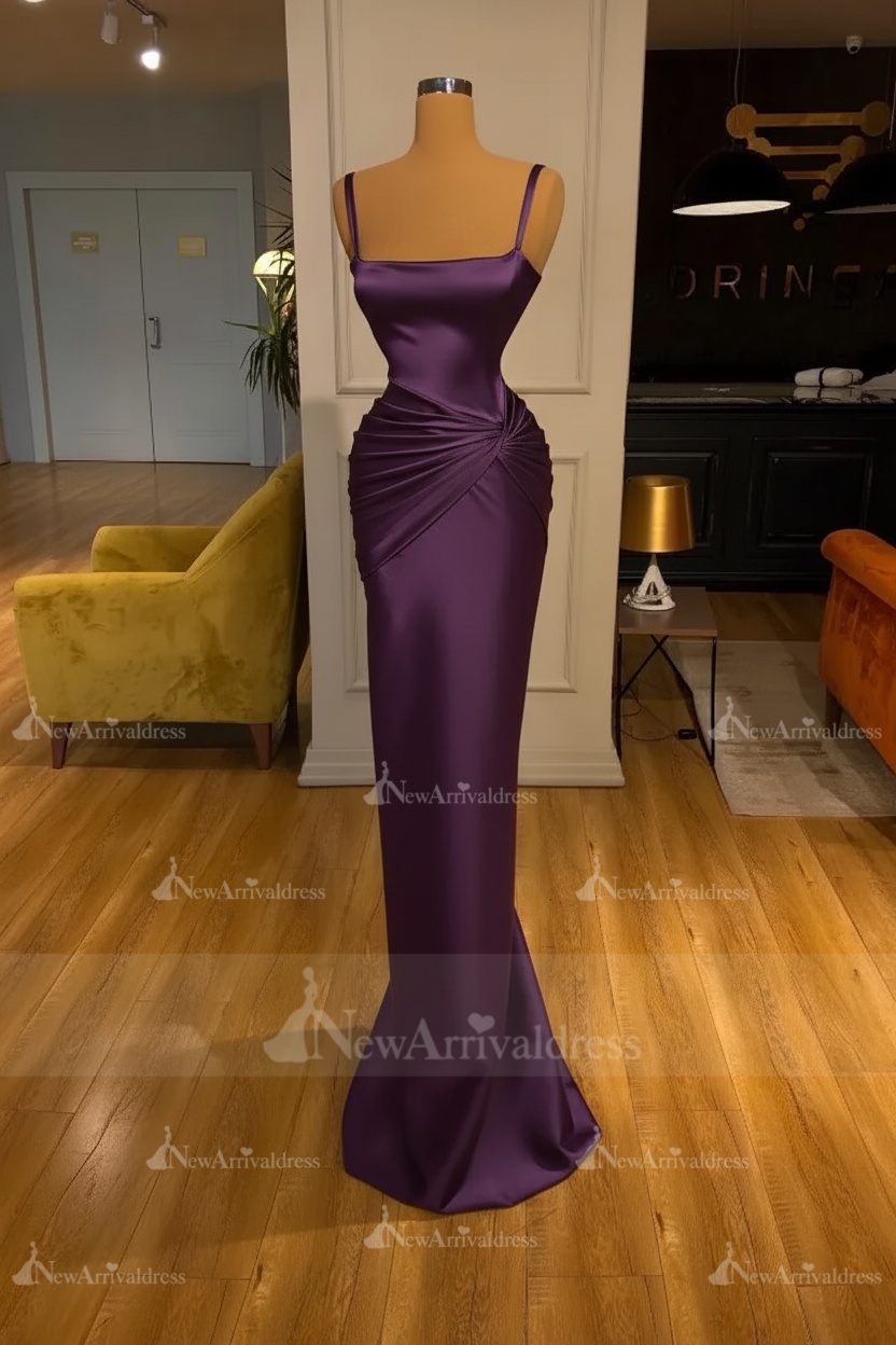 Chic Sky Blue Square Neck Slim Evening Party Wear Dress Sleeveless Satin Prom Dress